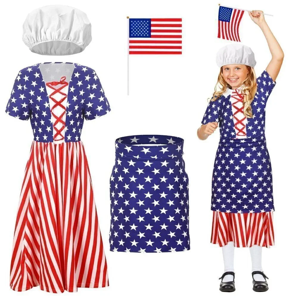 4 Pc Patriotic Costume 4th of July Outfit for Kids Dress Apron Cap Large - Picture 1 of 3
